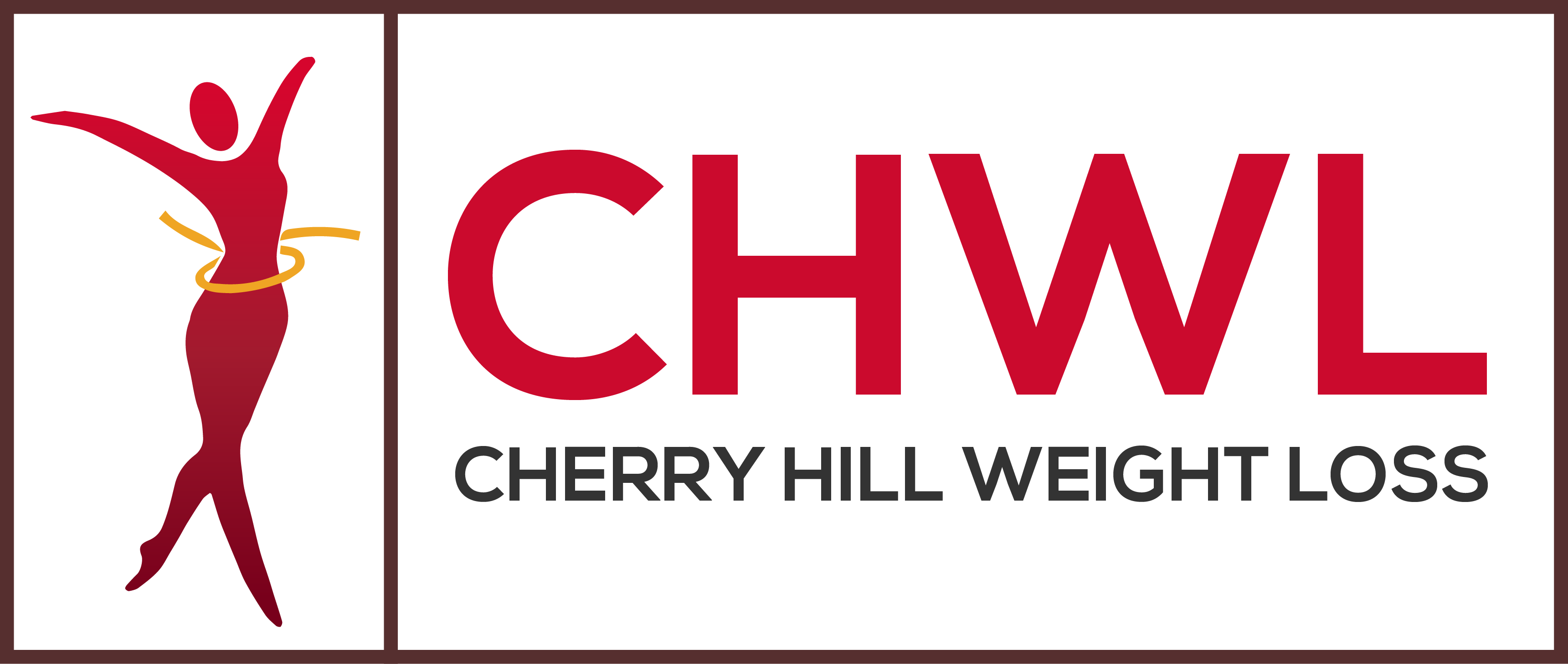 Logo for Cherry Hill Weight Loss featuring a dancer silhouette in red, a yellow hula hoop, and bold text "CHWL" with tagline below.